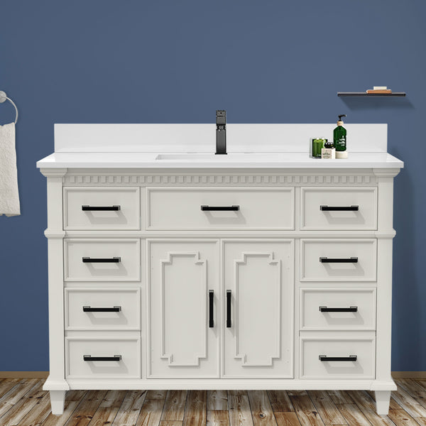 48''Wood Bathroom Vanity Set, With Drawers, White Marble Top And Undermount Sink - Modland