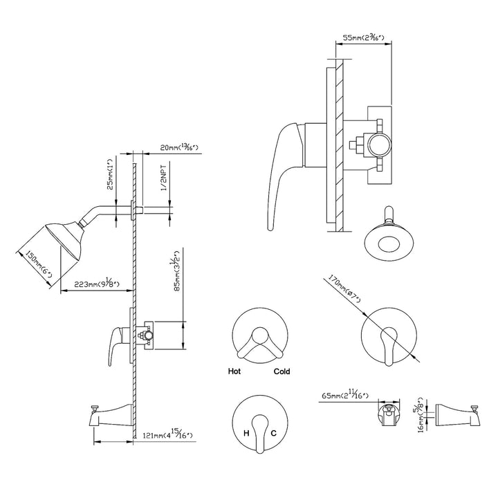 Multi-Function Tub and Shower Faucet Set with Rough-In Valve - Modland