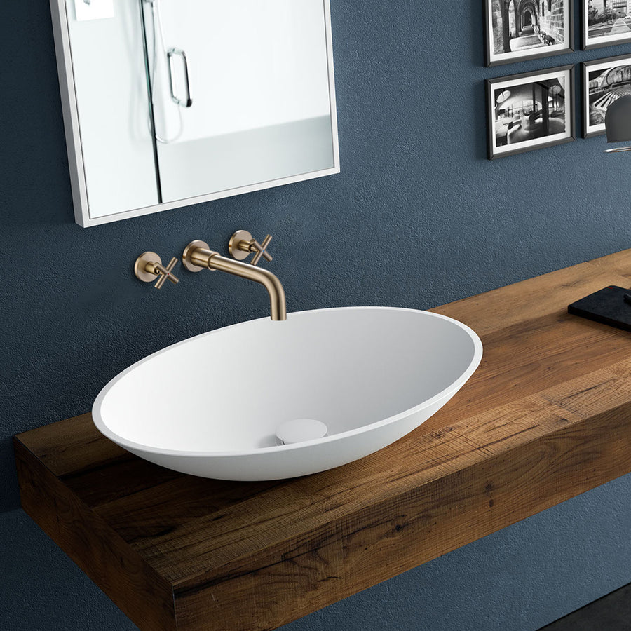 Modern Brushed Brass Wall-Mounted Faucet with Oval Vessel Sink