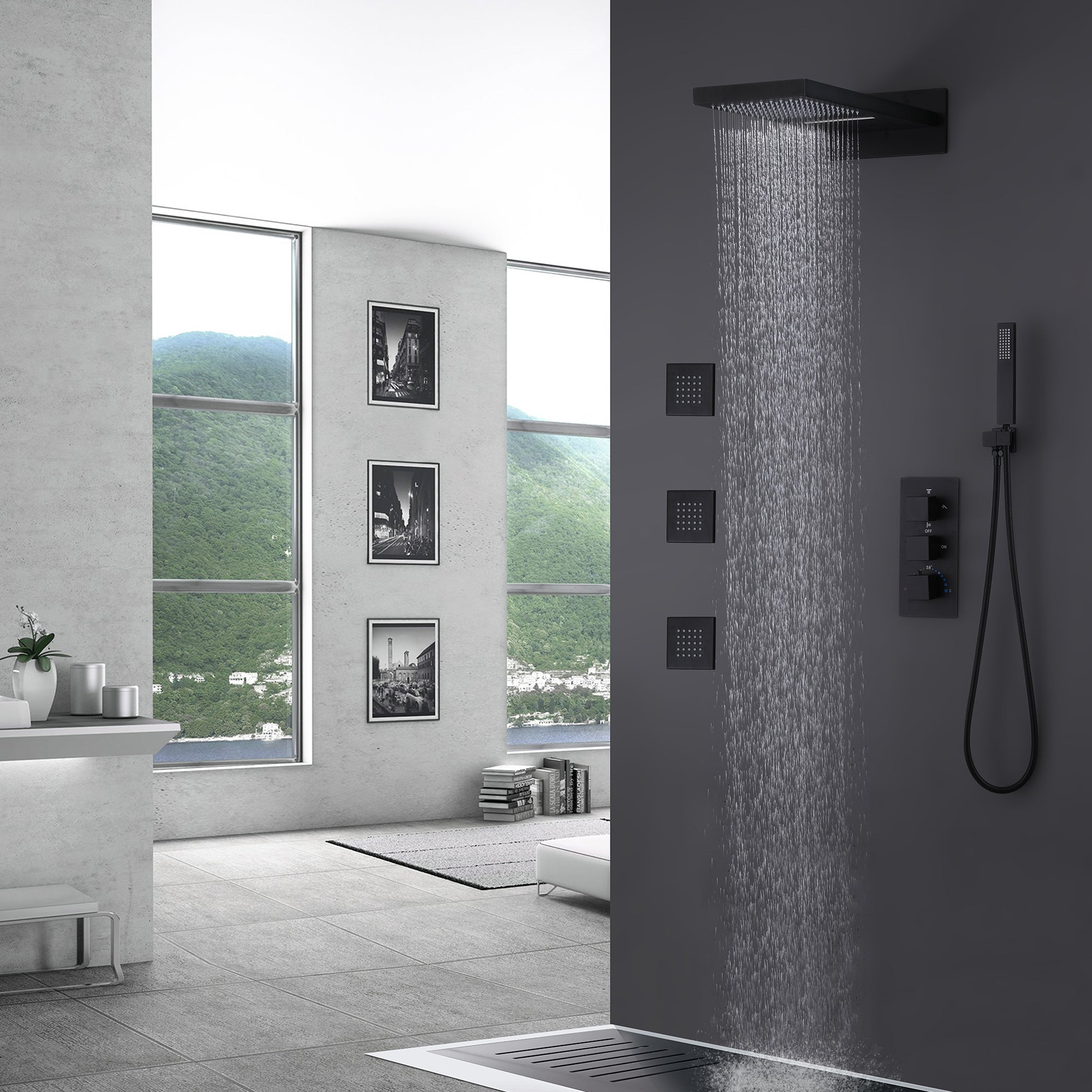 Luxury Shower System with Rectangular Waterfall Showerhead & Rough-In ...