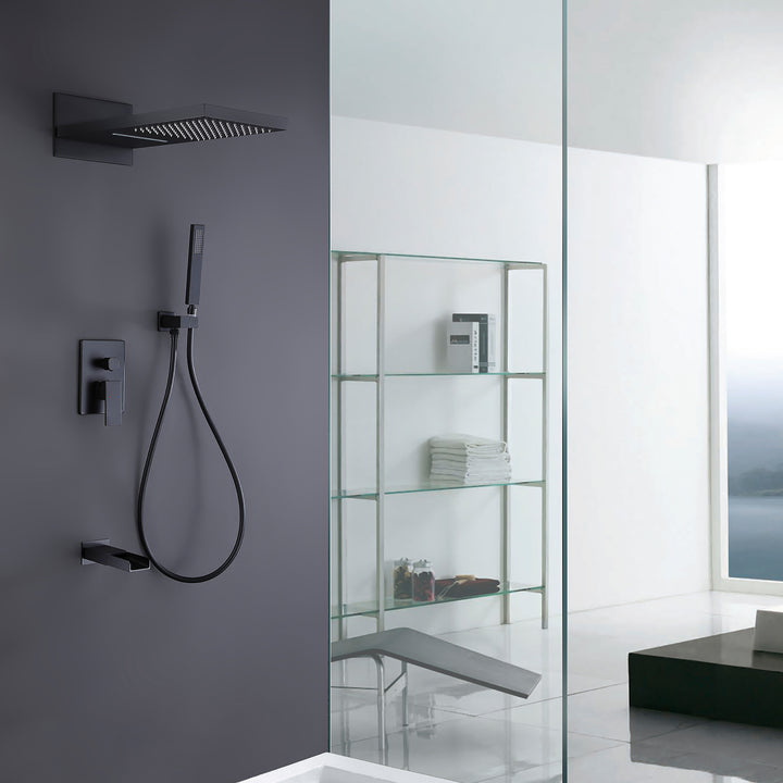 Pressure Balanced Rain Shower System with Multi Functions Hand Shower-Matte Black - Modland