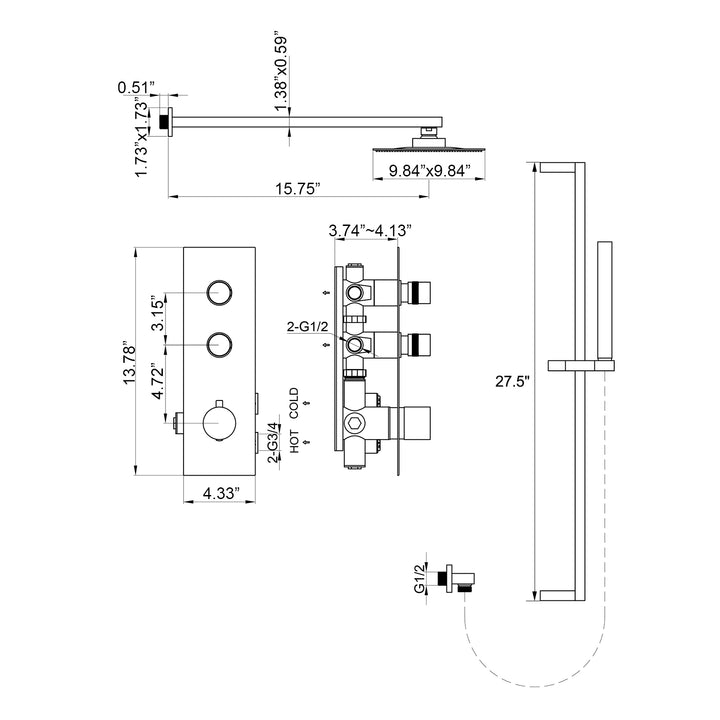 Thermostatic Rain Shower System with Hand Shower-Includes Rough-in Valve - Modland